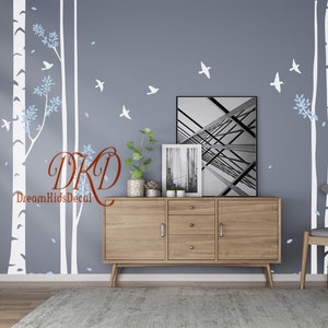 Tree wall decals wall stickers-9 birch trees in the forest, birch forest leaves birds white gray