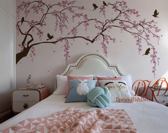 Cherry Blossom Wall Decal Tree Wall Decal Floral Tree branch with birds decal for Nursery bedroom-DK401