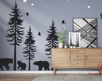 Nature Woodland Wall Decal, Kids Room Pine Trees, Bears, Moose, Birds, Stars