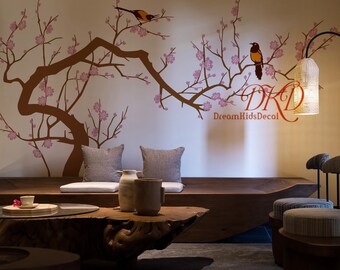 Nursery Wall Decal Wall Sticker Kids Wall Decal - Cherry Blossoms Tree decal Chinoiserie Wall art-Tree branch with 2 colored birds-DK489