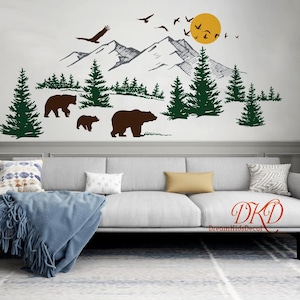 Wall Decal Wall Sticker-Mountain landscape with Bear family, Pine tree wall art for Nursery image 2