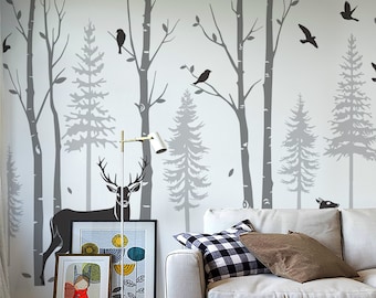 Forest nursery decals, Pine Tree Wall Decal, Woodland, Birch Trees, Deer buck doe, Flying birds, Kids room Wall Decal,