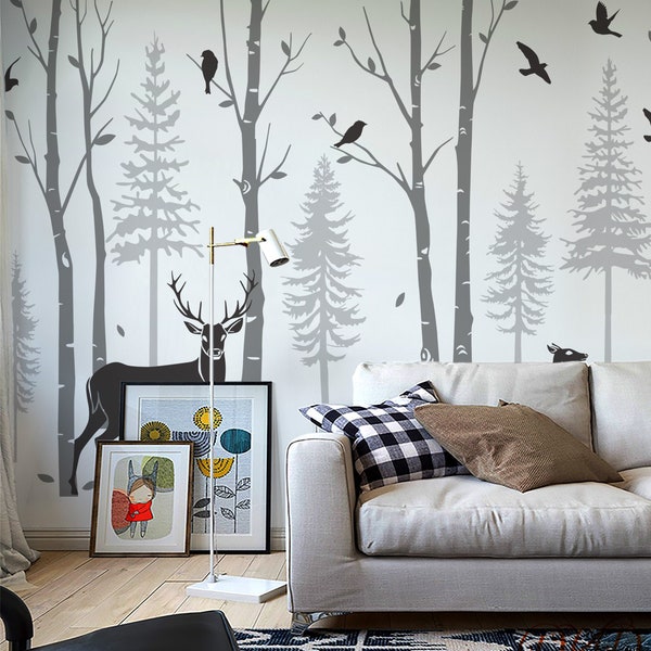 Birch Trees Pine Trees with Deer Wall decal, Fir Tree Forest Wall Decals, Large Wall Decals Woodland Nursery Decor-DK405