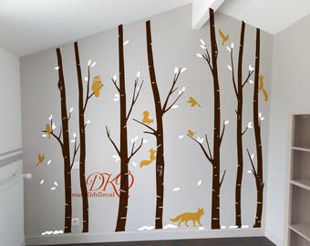 Baby Room Decal, Tree Wall Decals Wall Sticker Vinyl decal, Birch Tree with Owls, Woodland, Birds- DK242