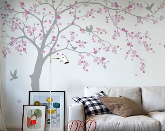 Sticker mural arbre fleurs de cerisier pour chambre de filles, décoration neutre, sticker mural pour chambre d'enfant, arbre avec oiseaux, cerf-DK348