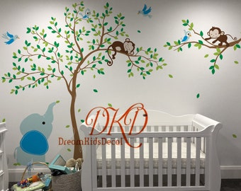 Jungle Wall Decal, Playful Monkeys Wall Decal, Vinyl Wall Decal Wall Sticker for Nursery, Tree Wall Decal for Kids room