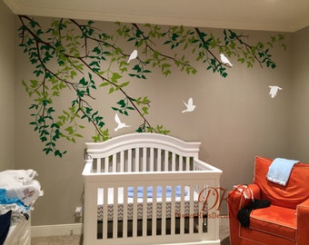 Nursery Wall Decal, Birds Decal, Tree Wall Decal, Kids Decals Children Wall Decal, White Tree Branch Wall Decals, Living room Decor-DK428