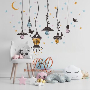 6 Strings of Color Lamp Wall Sticker, Lights Wall Decal, light bulbs sticker, Birds, Stars Nursery Decor, Wall Decor for Kids room-DK446