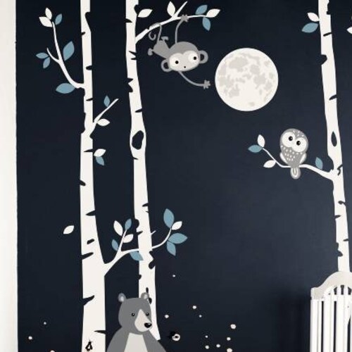 Birch Tree Wall Decal Wall Sticker, Night Time Forest wall decal, tree with birds, shops Baby bear, Monkey, Owls at Tree, Fireflies, Hedgehog