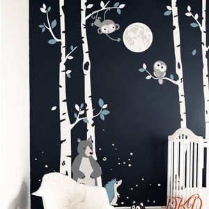 Birch Tree Wall Decal Wall Sticker, Night Time Forest wall decal, tree with birds, Baby bear, Monkey, Owls at Tree, Fireflies, Hedgehog