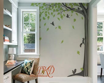 Wall Decal Wall Sticker for baby Nursery, Living room Wall Decor Murals - Giant Corner Tree with falling leaves-DK053