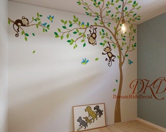 Removable Wall Sticker Tree Wall Decal with Jungle Monkeys, monkeys hanging from the ceiling, Baby boy Nursery Wall Decal Wall Sticker-DK378