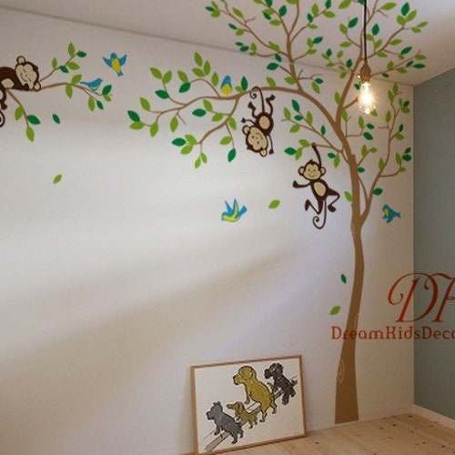 Removable Wall Sticker Tree Wall Decal With Jungle Monkeys - Etsy Removable Wall Sticker Tree Wall Decal With Jungle Monkeys - Etsy