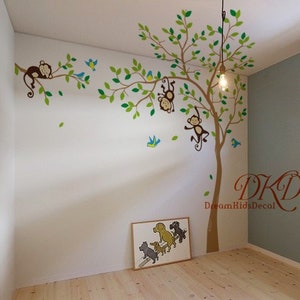 Removable Wall Sticker Tree Wall Decal with Jungle Monkeys, monkeys hanging from the ceiling, Baby boy Nursery Wall Decal Wall Sticker-DK378