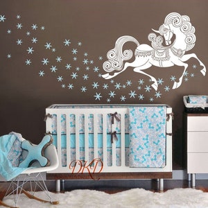 Unicorn Wall Decals, Stars Decal, Ancient Nursery wall art, Magical Pastel Unicorn Sticker Wall Decor for Kids room-DK323
