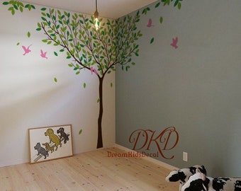 wall decal Tree with flying birds baby wall decal nursery tree decal branch decal, Playroom Wall Art-DK391