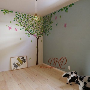 wall decal Tree with flying birds baby wall decal nursery tree decal branch decal, Playroom Wall Art-DK391