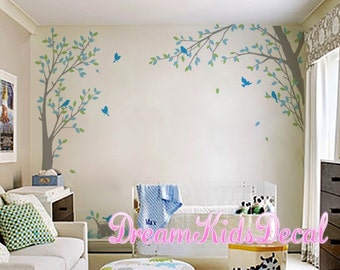 Trees decals, nature wall decals, vinyl wall decal, white tree, nursery wall stickers-Tree branch stickers with birds decal-DK179