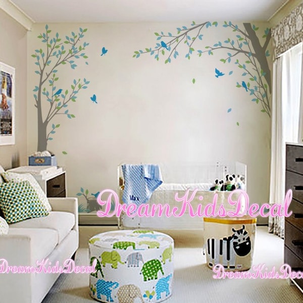 Trees decals, nature wall decals, vinyl wall decal, white tree, nursery wall stickers-Tree branch stickers with birds decal-DK179