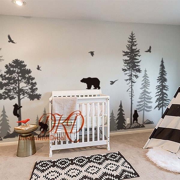 Woodland Forest Pine Trees Wall Decal for Baby Nursery, Bear and cubs wall decal Kids room wall decal, Rustic Wall art