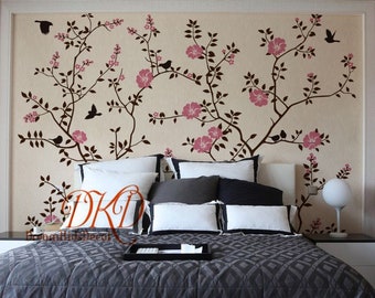 Cherry Blossom Tree Branch Wall Decal with Birds