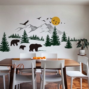 Wall Decal Wall Sticker-Mountain landscape with Bear family, Pine tree wall art for Nursery image 3