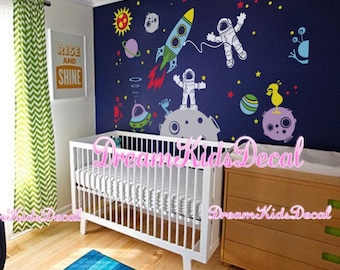 Outer Space Wall Decals, Rocket Planets Stars Aliens, Kids Room Decor, Galaxy Nursery Wall Art, Peel and Stick Removable