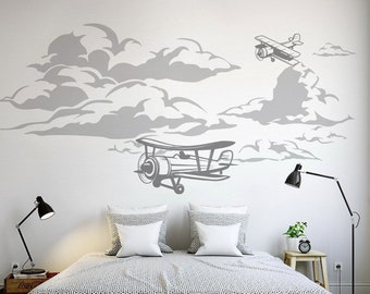 Airplane decal, Biplane Decal, Cloud Decal, Boys Nursery Wall Decal Airplane Decor, Airplane Wall Decal Sticker Mural Boys Room Decor-DK334