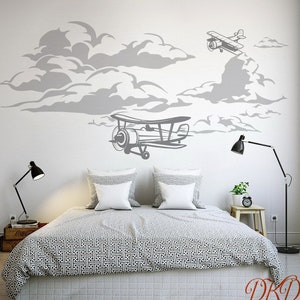 Airplane decal, Biplane Decal, Cloud Decal, Boys Nursery Wall Decal Airplane Decor, Airplane Wall Decal Sticker Mural Boys Room Decor-DK334