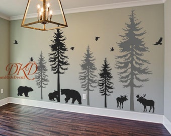 Wall Decal Wall Sticker-Pine tree decal-set of 5 trees with animals, moose, bear, woodland theme Nursery