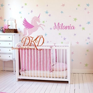 Unicorn wall decal Pegasus Sticker with personalized name Vinyl Decal, horse wall decal unicorn decal, Stars Decal for  Girls Themed Bedroom