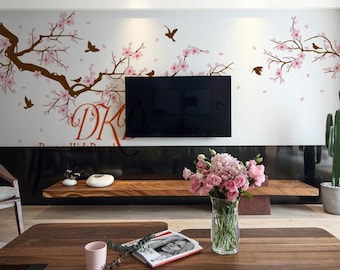 Nursery Wall Decal Wall Sticker Kids Vinyl Decals-Cherry Blossoms Hanging branches Decal, Flower with birds