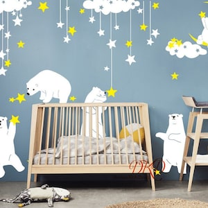 Bear Clouds Star Wall Decal Wall Sticker for Kids Room Nursery Baby Room Decor, Moon, Polar Bear, Star twinkles-DK387