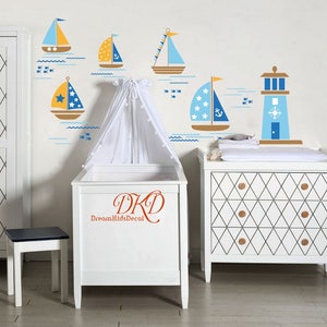 Nautische muur sticker, vuurtoren zeilboot sticker, jongens kamer muur sticker, vis, schip sticker, vinyl sticker sticker Home decor muur decor-DK298