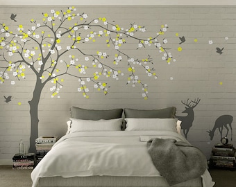 Wall Decal Removable wall sticker, Tree Nursery decal, Tree with Deer, Birds, Large Tree Decal, Cherry blossom Tree Home Wall Art -DK348