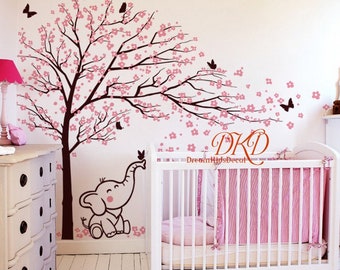 Cherry Blossom Tree Elephant Wall Decal, Tree Stickers for Baby Room Decoration