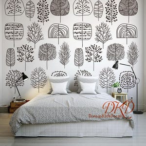 Zwart-witte muursticker behangsticker voor kinderkamer, cartoon plantenpatroon, peel and stick, kinderkamer, babykamer-67 x 94