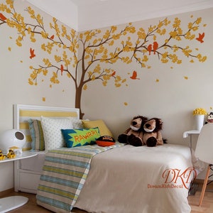 Nursery Wall Decal Wall Sticker-Large Blooming Tree Wall decal with gold flower Decal for slanted ceiling bedroom-DK180