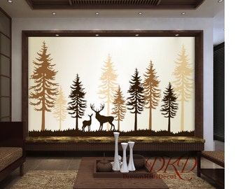 Forest Landscape Nature Vinyl Sticker, Deer Decal, Baby room Jungle, Pine trees Wall Decal Bedroom Nursery Interior Home Decor-DK096