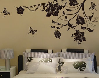 Nursery Wall Vinyl Decal Romantic flower Wall Decal with Butterflies, Nursery Flowers Blossoms Wall Decor-DK071