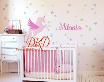 Unicorn wall decal Pegasus Sticker with personalized name Vinyl Decal, horse wall decal unicorn decal, Stars Decal for  Girls Themed Bedroom