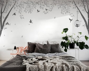 Tree wall decal with flying birds, Hanging branch, birdcage, nursery wall decal sticker for Living room Home Decor Wall art-DK386