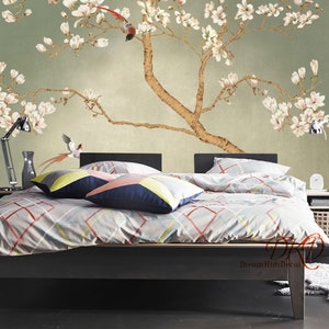 Chinoiserie Wall Mural, Vintage, Wallpaper, Hand-painted flower and bird wall art wall print, Home Wall Decor