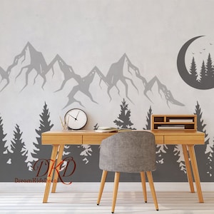 Wall Decal Mountain landscape with Moon, Pine tree, Mountain Decal, Mountain wall art, Woodland Nursery, Birds, Forest wall decal-DK328