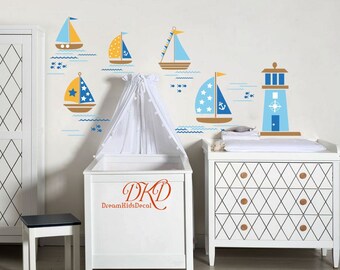 Nautical Vinyl Wall Decal, Lighthouse and Sailboats, Kids Room Decor