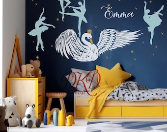 Ballerina Swan Wall Decal wall decal with stars and name, Ballet Dance Vinyl Stickers, Girls Nursery Art