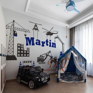 Crane Construction Vehicle Plane Wall Decal Sticker Set, Dum trucks with Personalized Name Wall Decal, Excavator sticker, Nursery Wall decor
