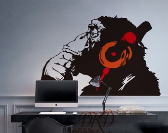 Banksy Style Monkey with Headphones Wall Art, Chimp Head Listening to Music Earphones DJ Vinyl Decal Sticker, Kids room Decor-DK043