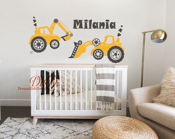 Monster Construction Vehicle Wall Decal Sticker Set, Personalized Name Wall Decal, excavator sticker, Baby Boy nursery room wall decor-DK381