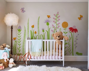 Green Plants Nature wall decal Vinyl Flower wall decal sticker Butterfly decal, Large Blooming Decal Wall art for Nursery Playroom-DK439